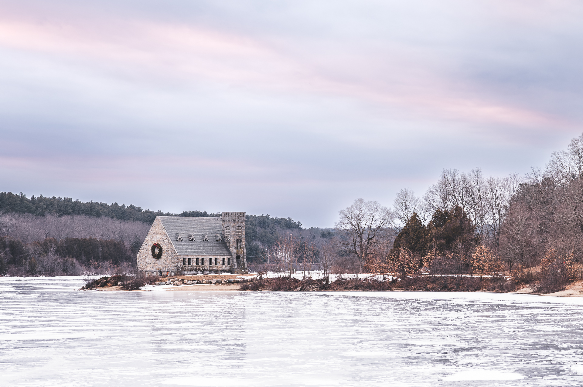 Old Stone Church in West Boylston, Massachusetts during winter.