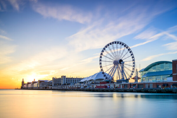 The Navy Pier in Chicago at sunrise.