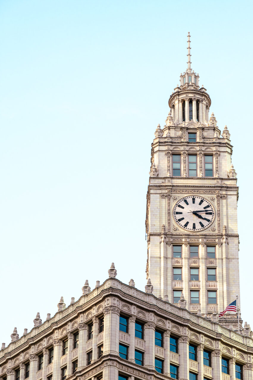 The clock tower at the Wrigley Building in Chicago
