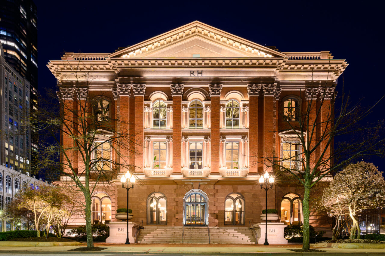 A night view of the front of 234 Berkeley in Boston, Massachusetts.