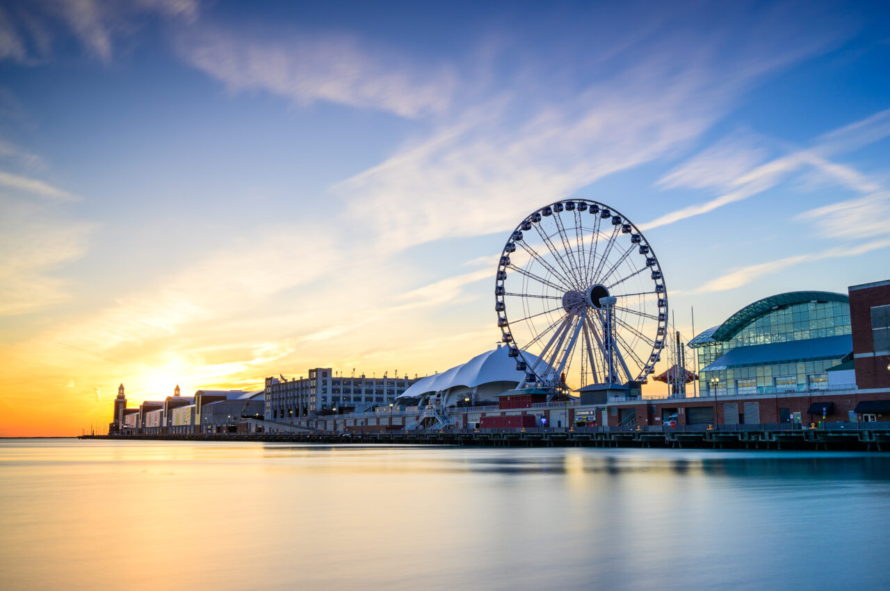 The Navy Pier in Chicago at sunrise.