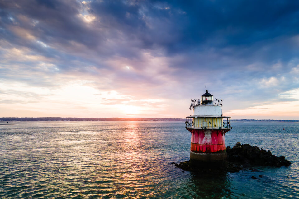 Aerial View of Duxbury Pier Lighthouse at Sunset.