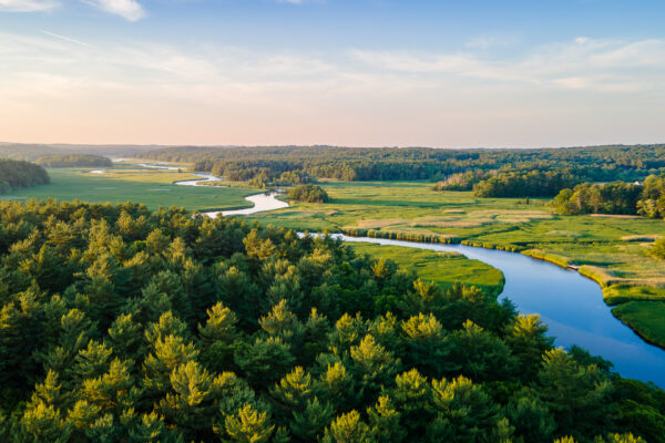 An aerial view of the North River as it passes under Route 3 on the South Shore.