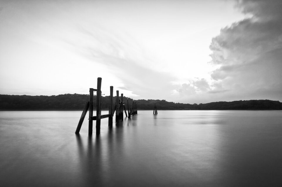 Remains of an old pier along the Back River in Weymouth, Massachusetts.