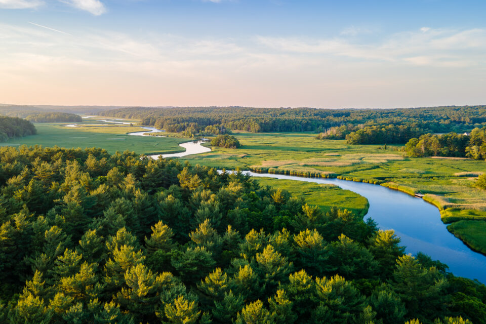 An aerial view of the North River as seen from Route 3.