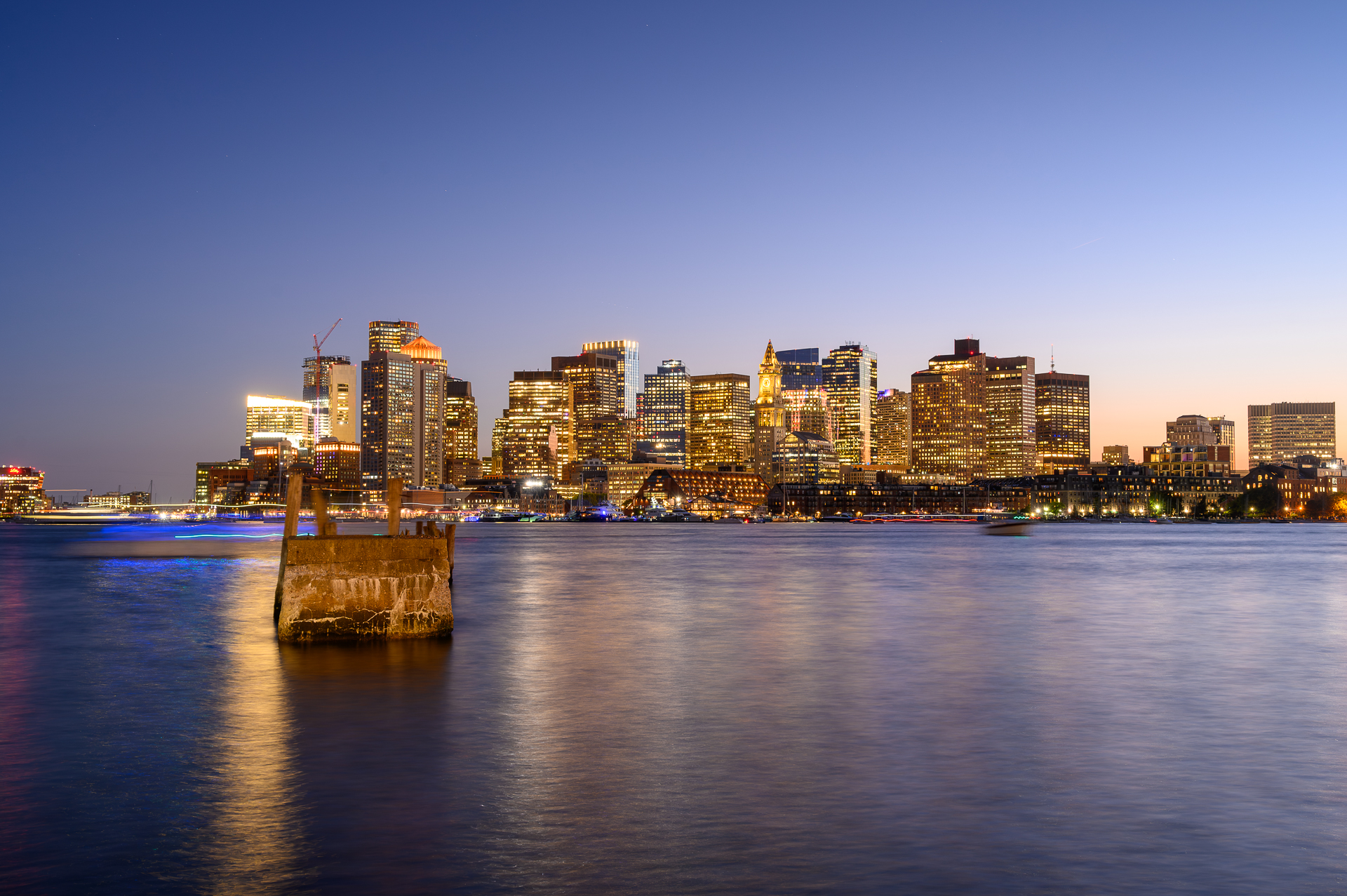 A view of Boston Harbor from Piers Park in East Boston.