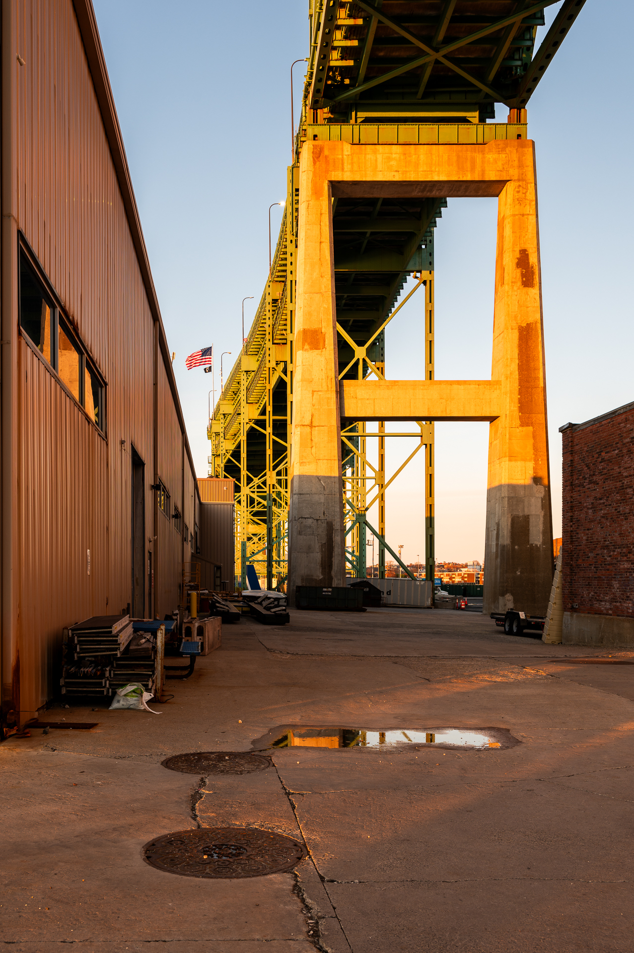 A view from below the steel giant, the Tobin Bridge in Boston, MA.