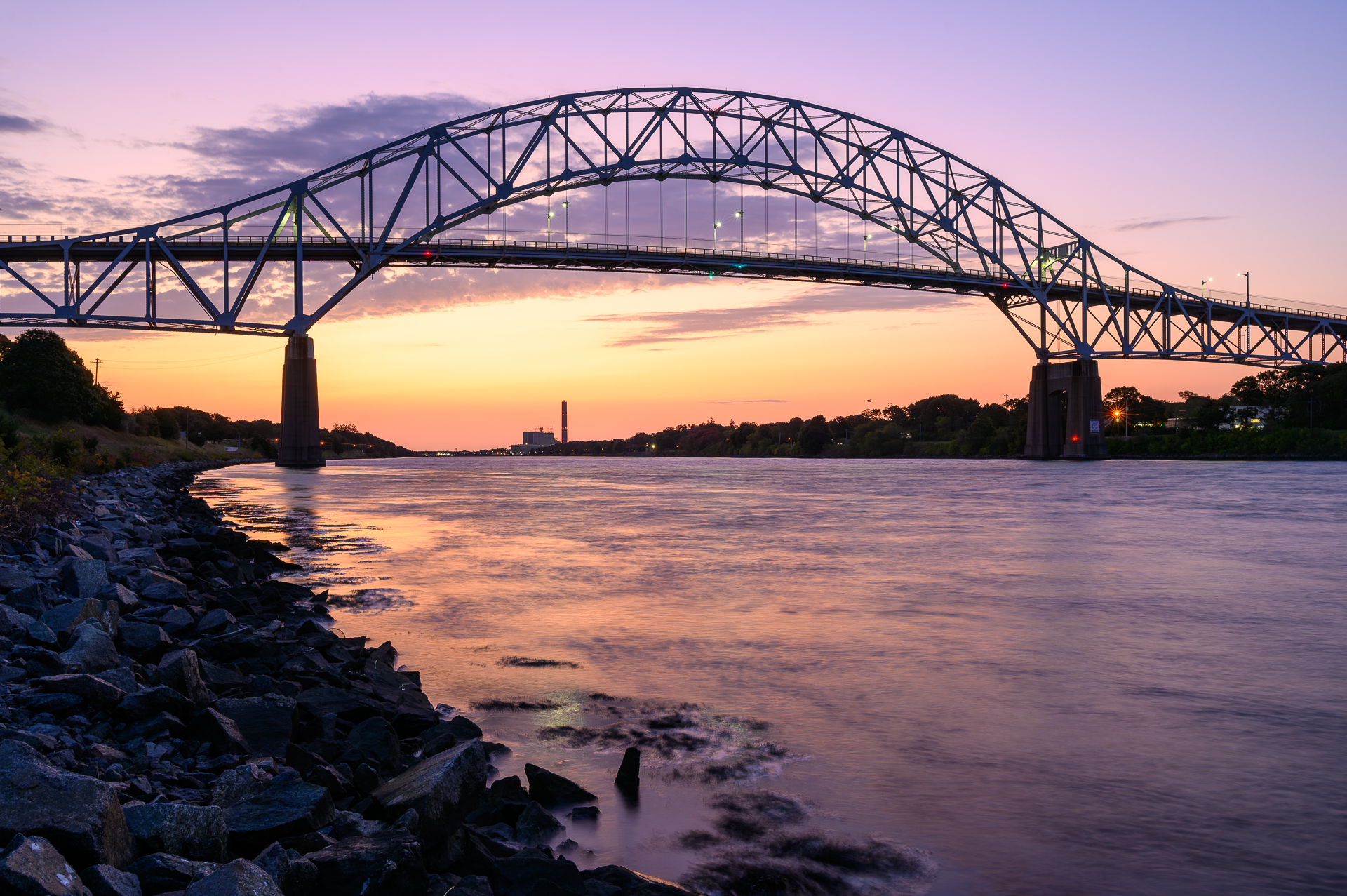 Colorful skies during sunrise at the Sagamore Bridge.