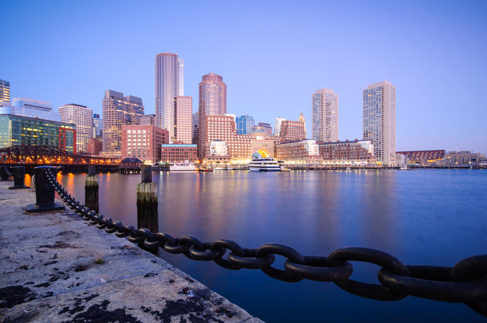 Boston waterfront at dawn, viewed from Fan Pier Park.