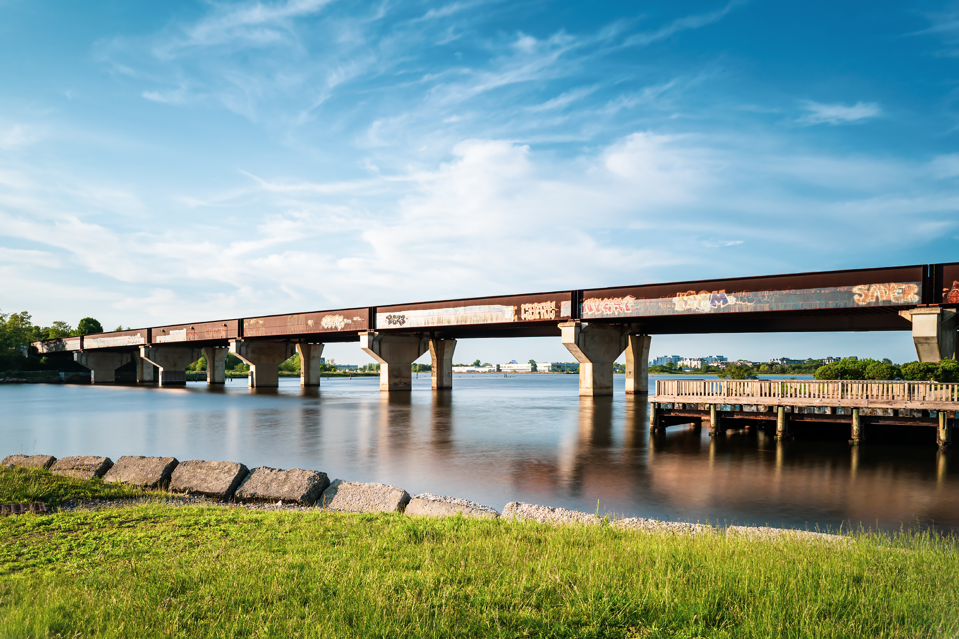 The historic Neponset River train bridge connecting Boston and Quincy, Massachusetts.
