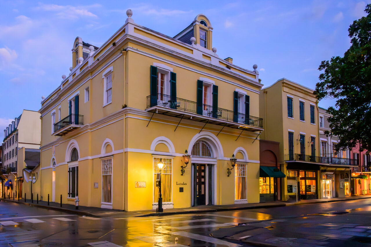 The corner of Conti and Royal street in New Orleans on a quiet Christmas morning.