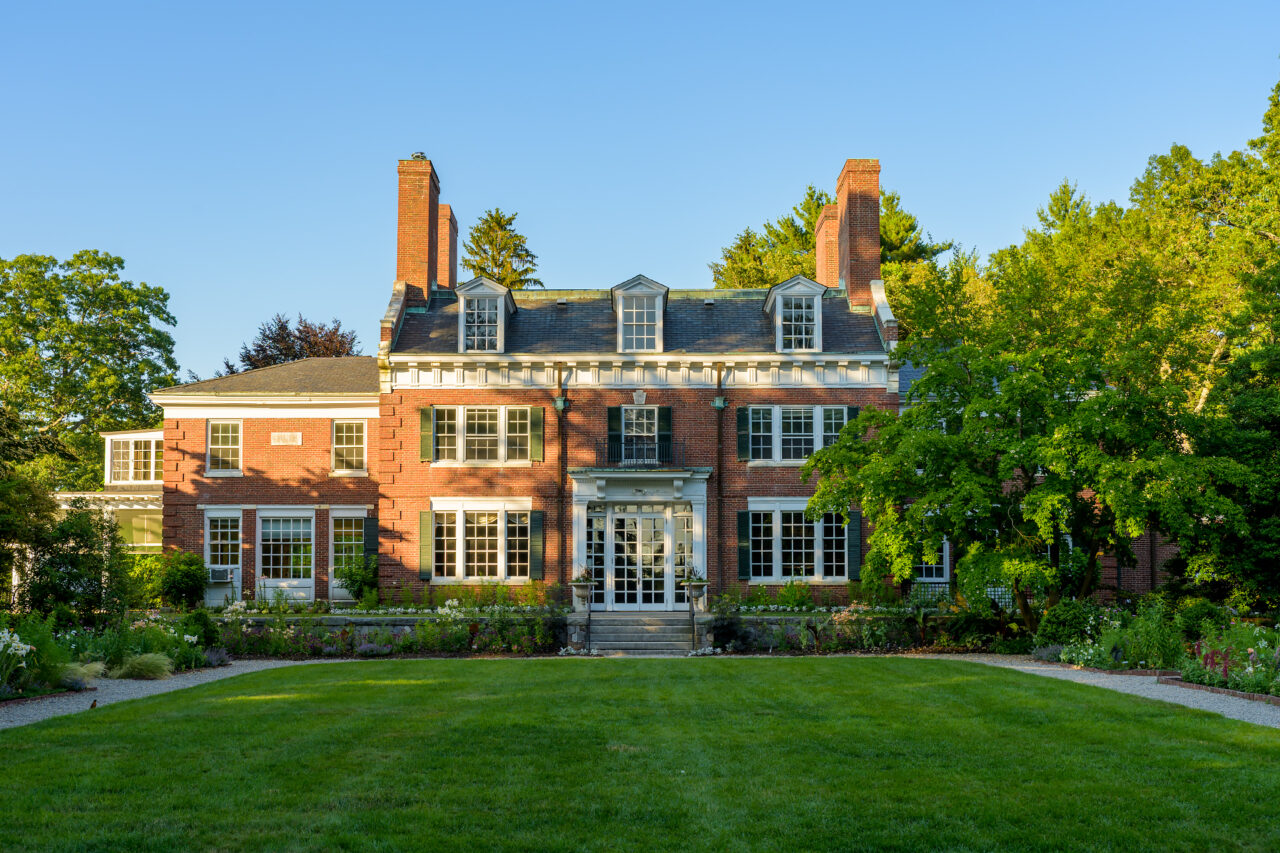 The impressive brick rear facade of The Bradley Estate in Canton, Massachusetts.
