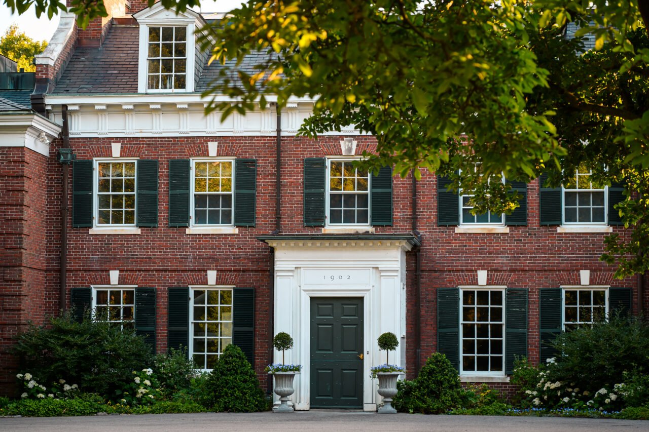 A close-up of the front entrance of The Bradley Estate in Canton, Massachusetts.