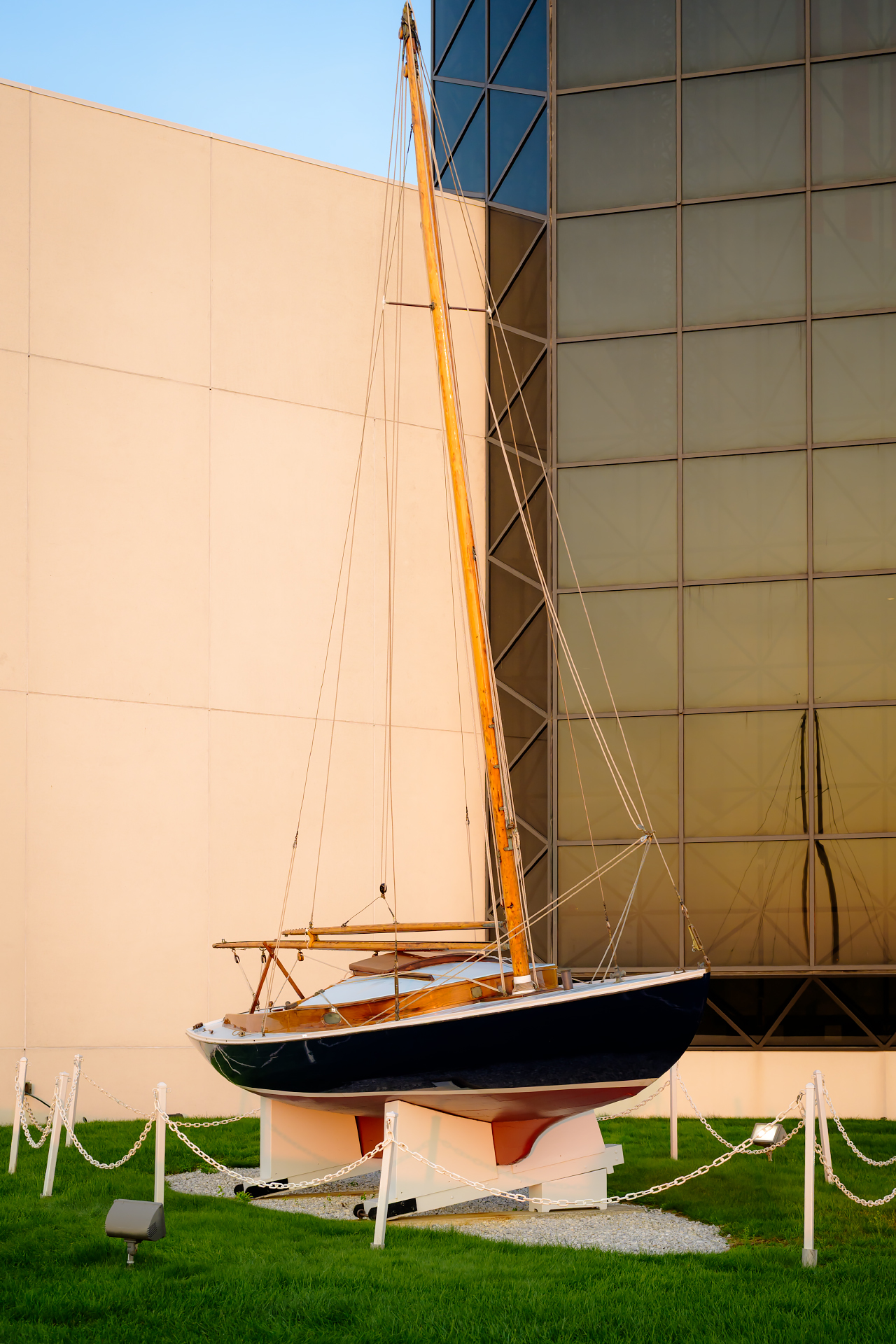 The sailboat Victura, displayed on the lawn behind the JFK Library and Museum in Boston.
