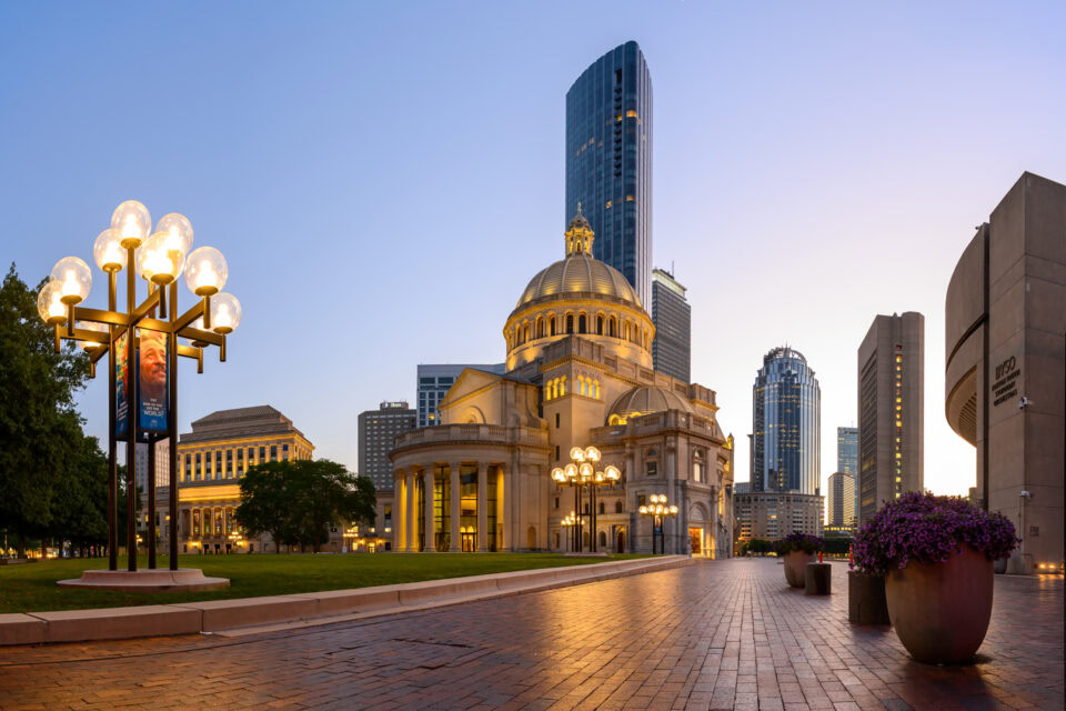 The First Church of Christ, Scientist, also known as the Mother Church, viewed across the plaza, showing the full dome and surrounding architecture.