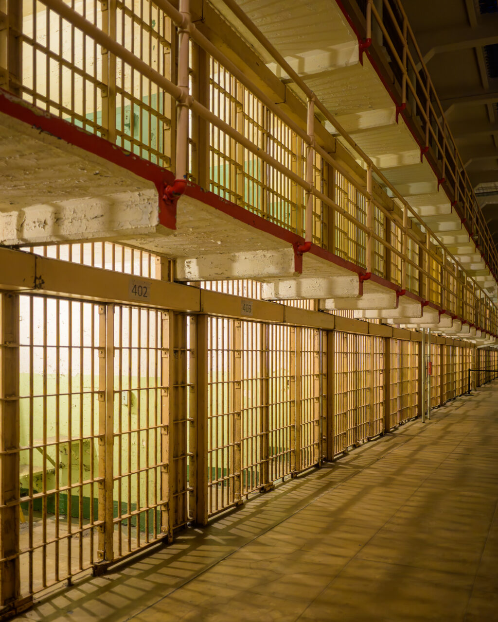A view of the Sunrise Alley cell block at Alcatraz during the night tour.