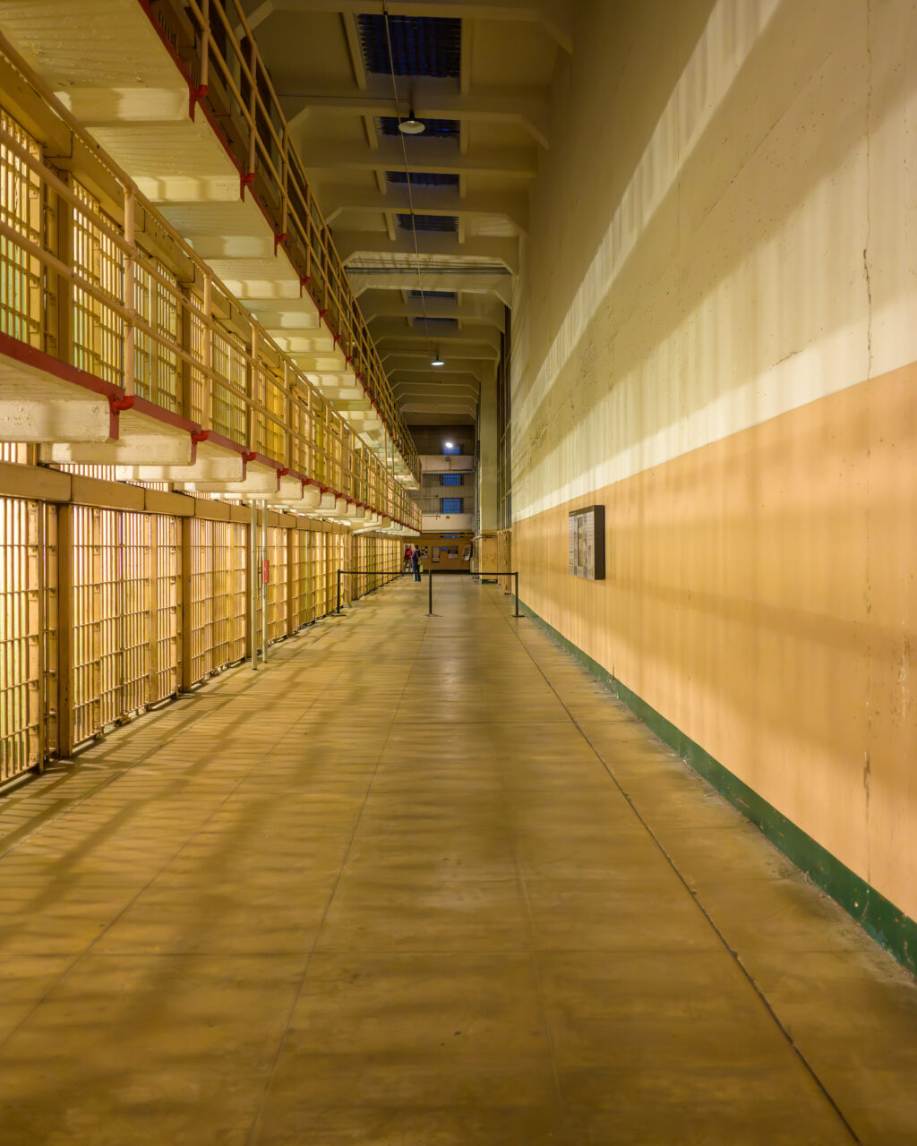 Another view of the Sunrise Alley cell block at Alcatraz during the night tour.