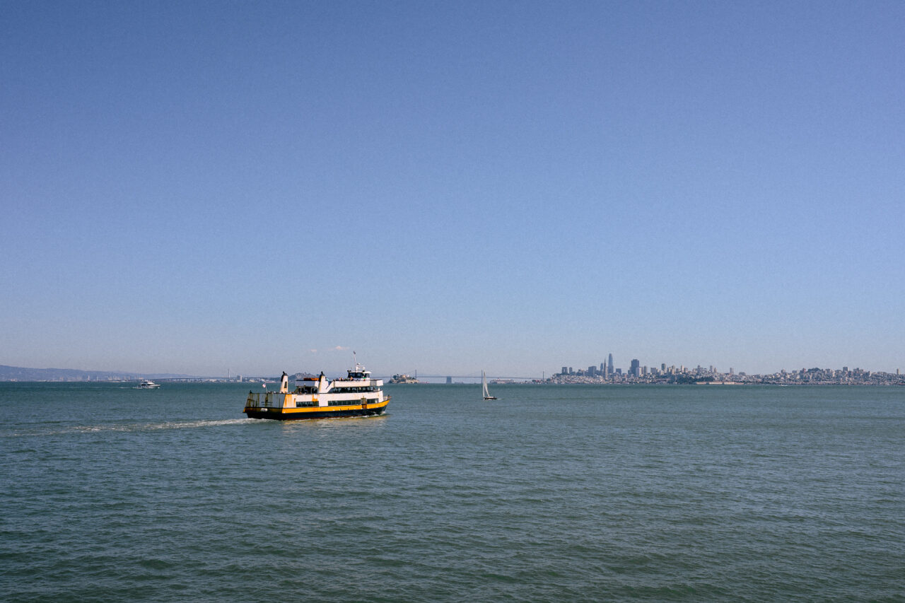 A Sausalito–San Francisco ferry with the San Francisco skyline in the distance.