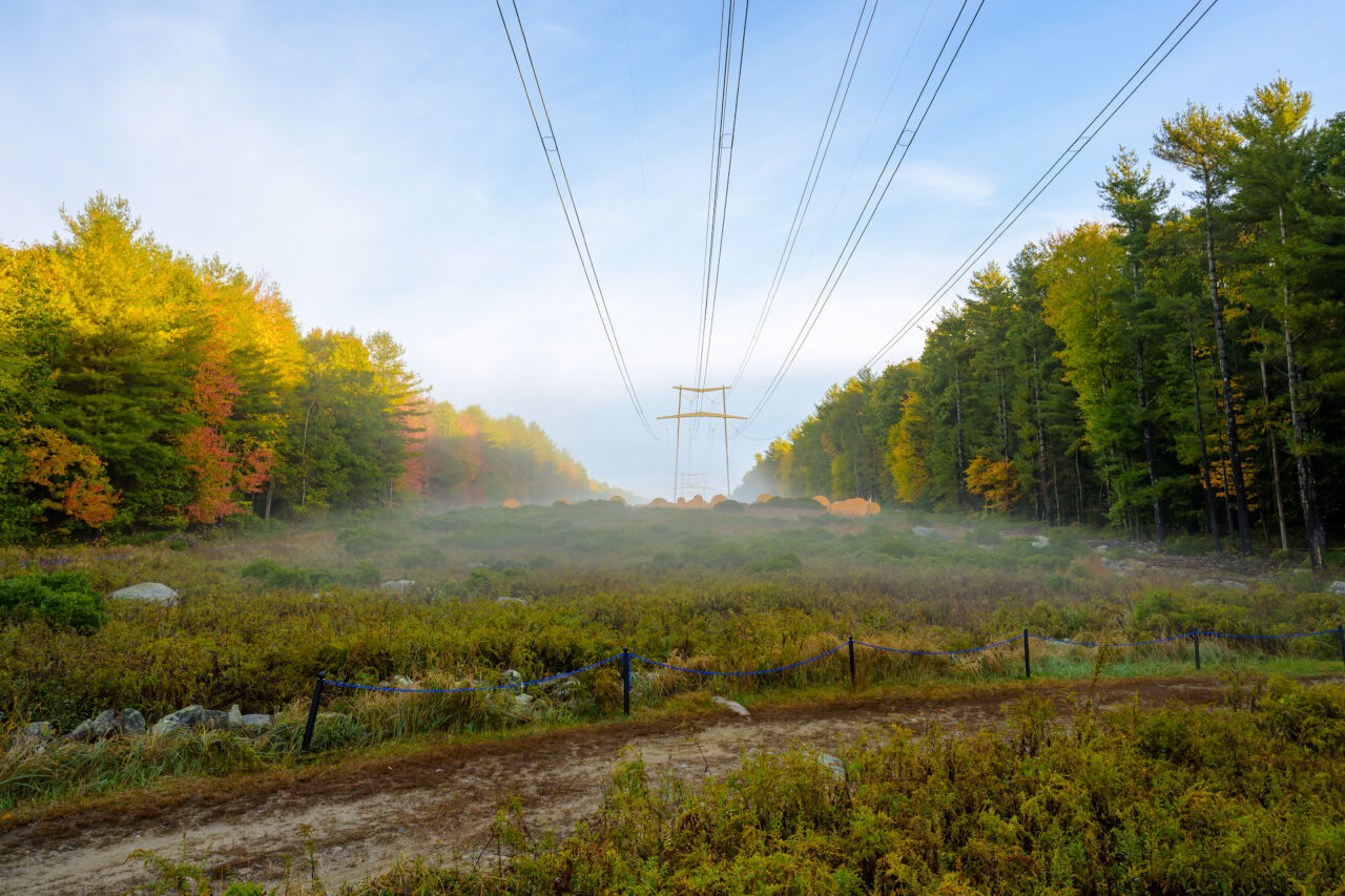 Transmission tower and power lines fading into the dense morning fog in Holbrook, Massachusetts.