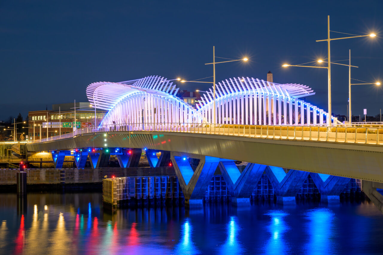 A close-up of the Bill Russell Bridge in Boston shortly before sunrise.