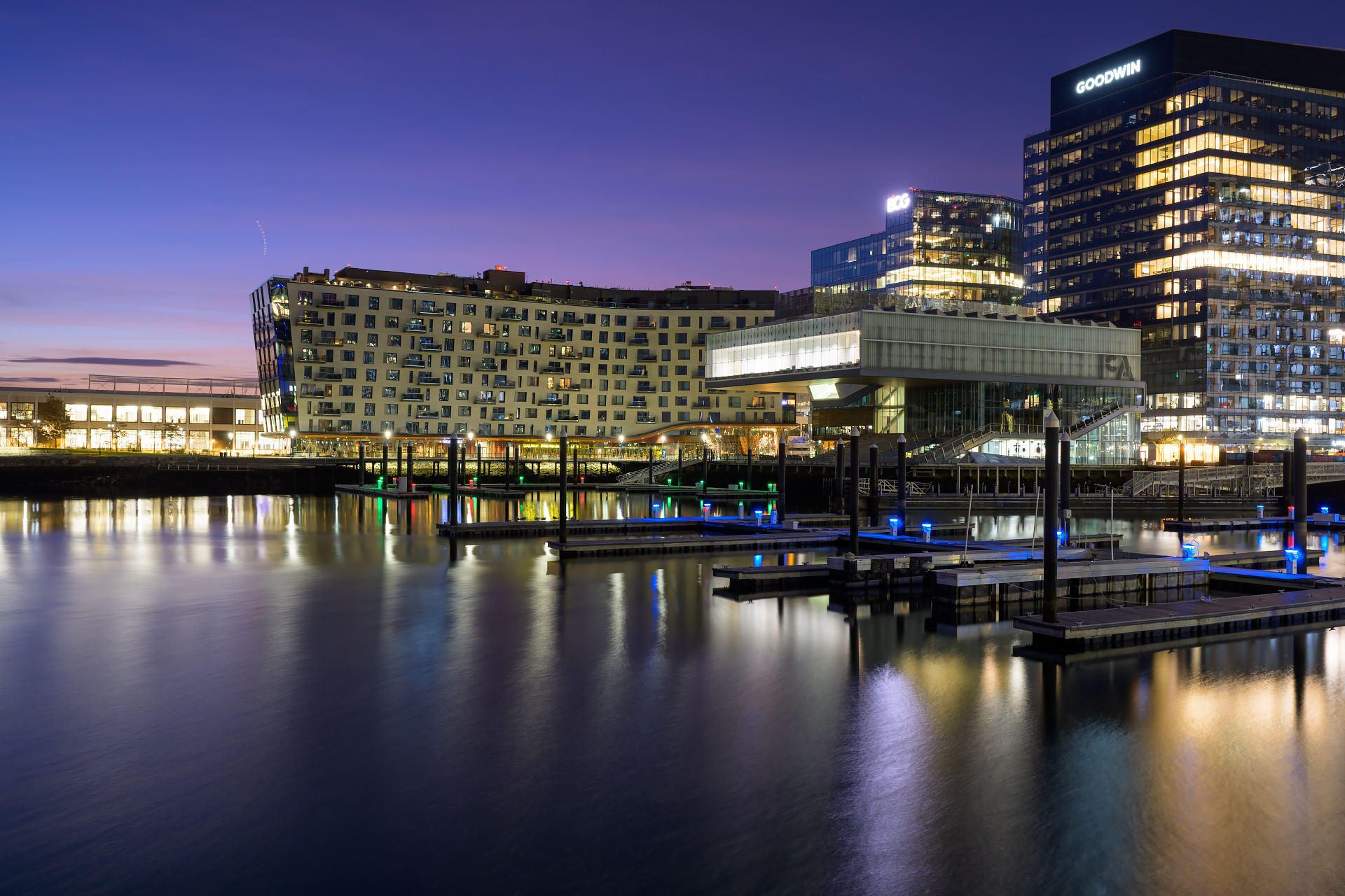 Blue hour light at the ICA Boston waterfront just before a winter solstice sunrise.