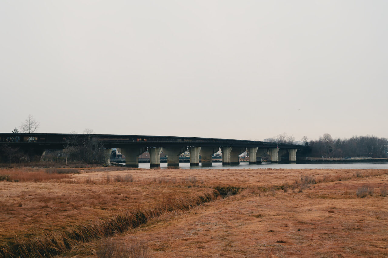 The Neponset railroad bridge spanning the Neponset River in Quincy, Massachusetts, viewed across a wide expanse of golden-brown winter marsh grass.