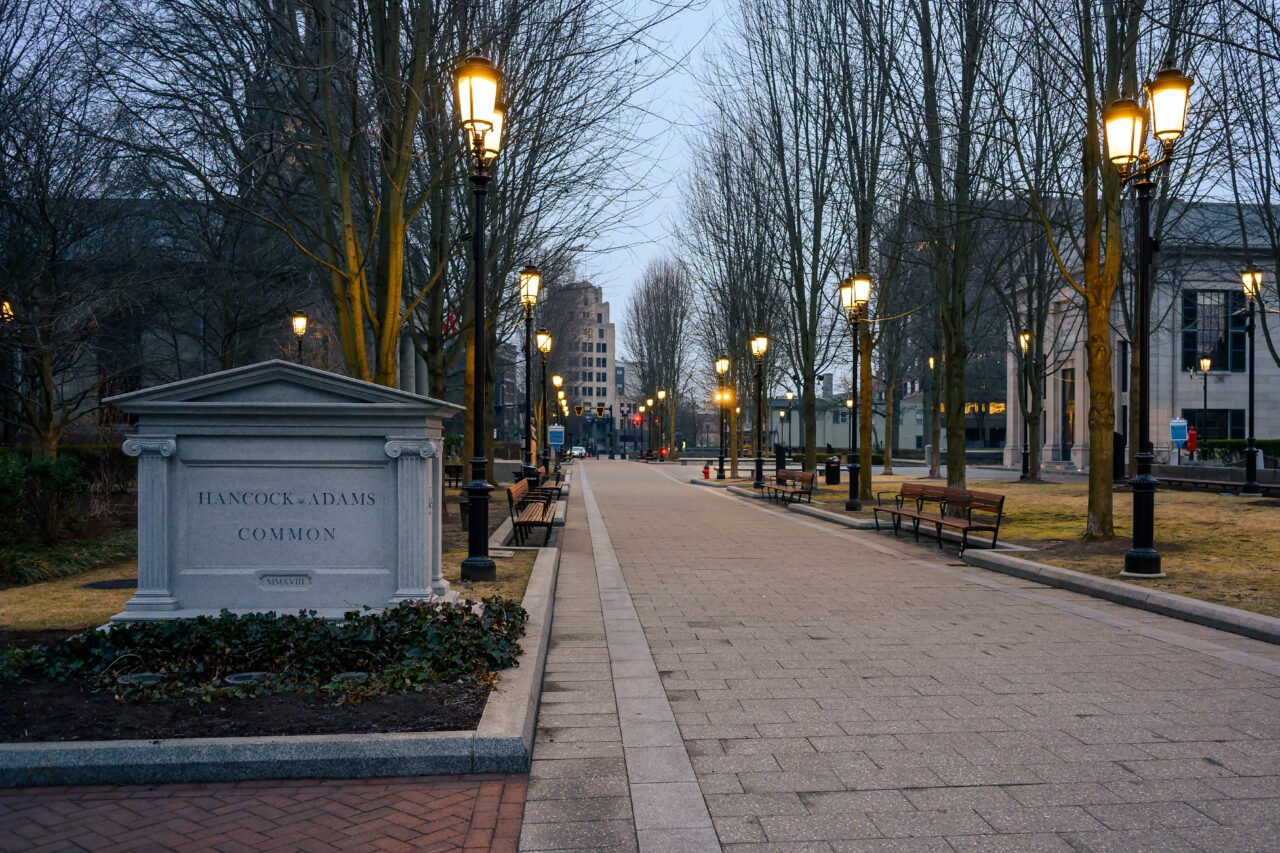 Early Hours in Quincy Center at Hancock-Adams Common during a calm, empty morning.