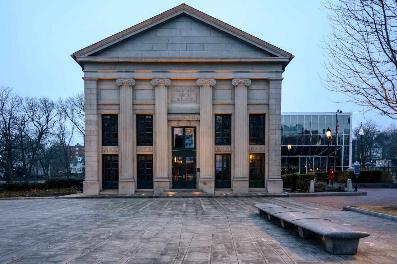 Early Hours in Quincy Center as Quincy Town Hall stands quiet before the day begins.