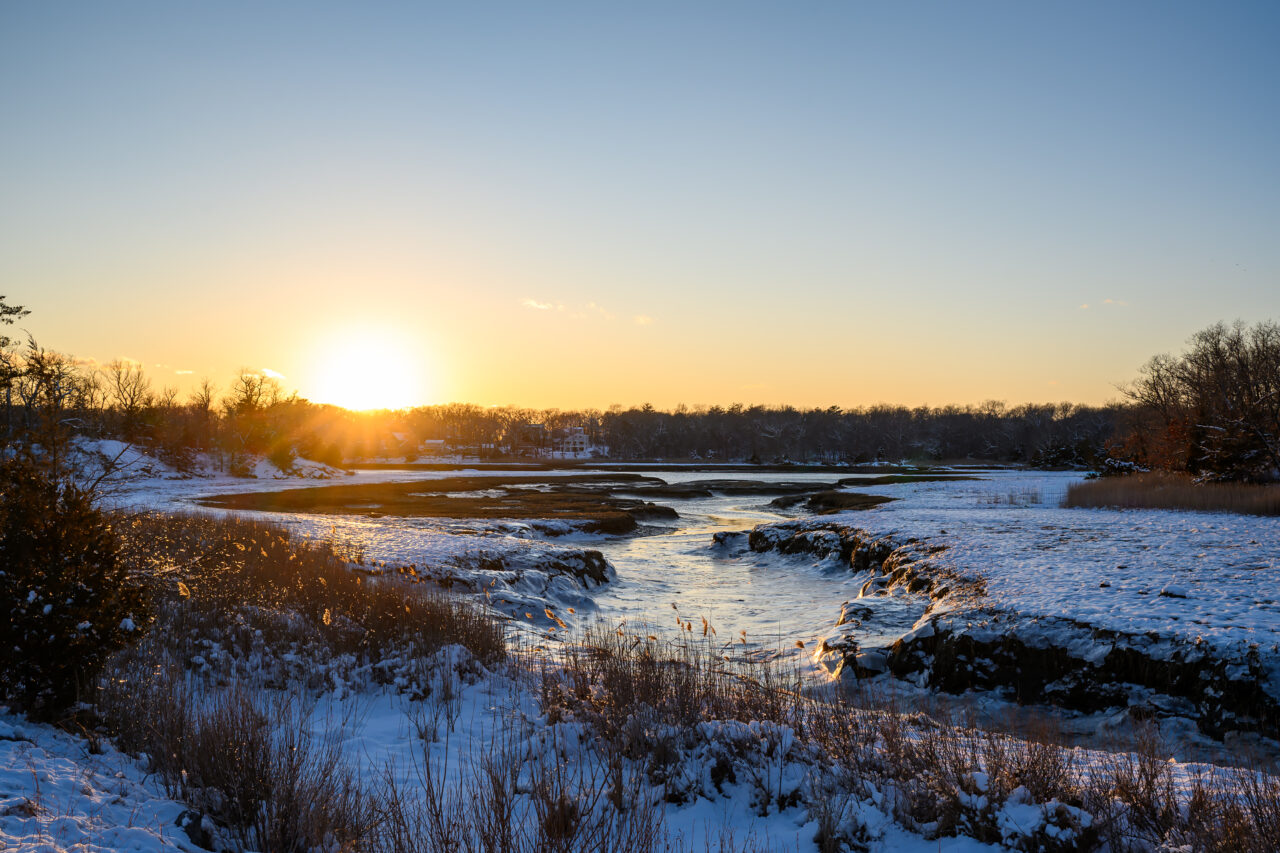 A snowy Hull marsh at sunset with golden light reflecting off sheets of ice and sea grass.