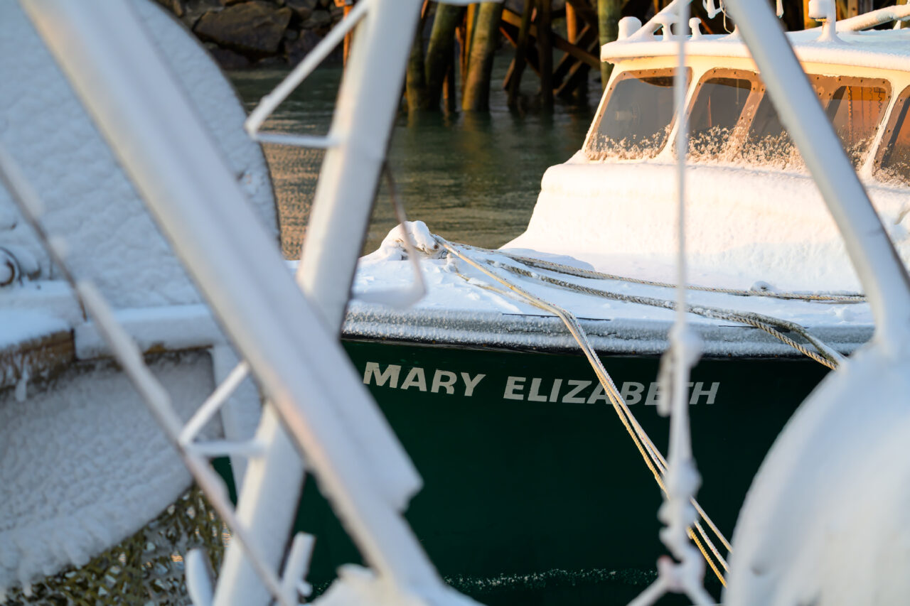 The frozen bow of the Mary Elizabeth fishing boat in Scituate.
