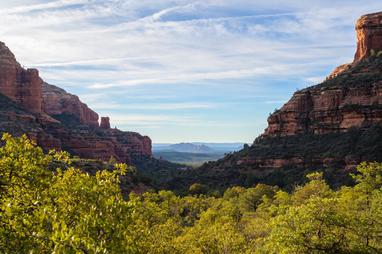 Wide valley view from the Boynton Canyon trail looking toward the Verde Valley in Sedona, Arizona.