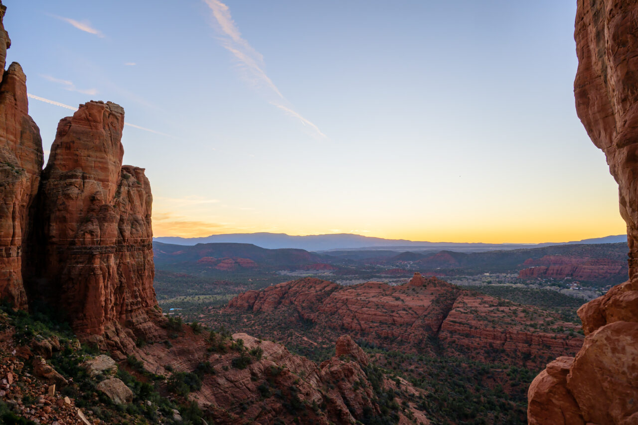 View from the saddle of Cathedral Rock toward the Verde Valley at sunset, Sedona.