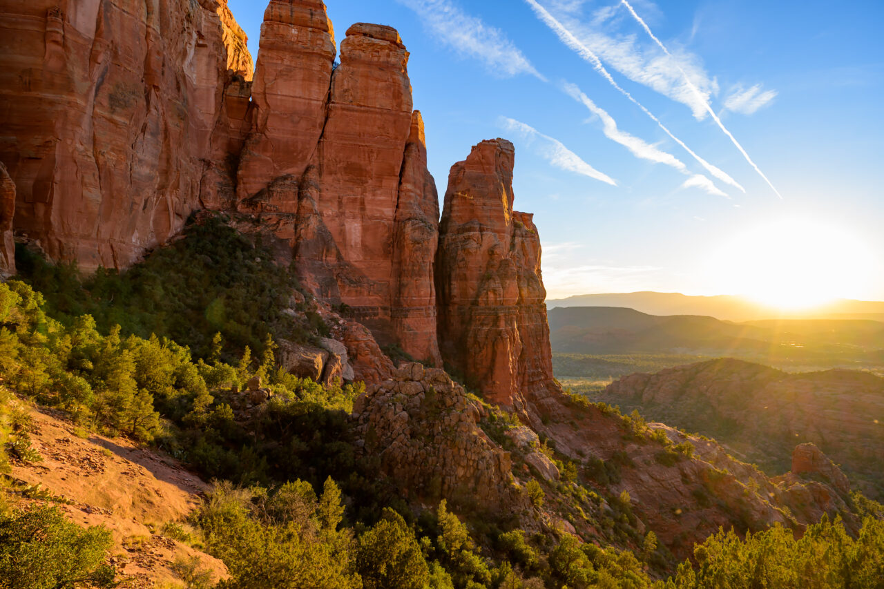 Cathedral Rock spires in golden sunset light above the Verde Valley, Sedona.