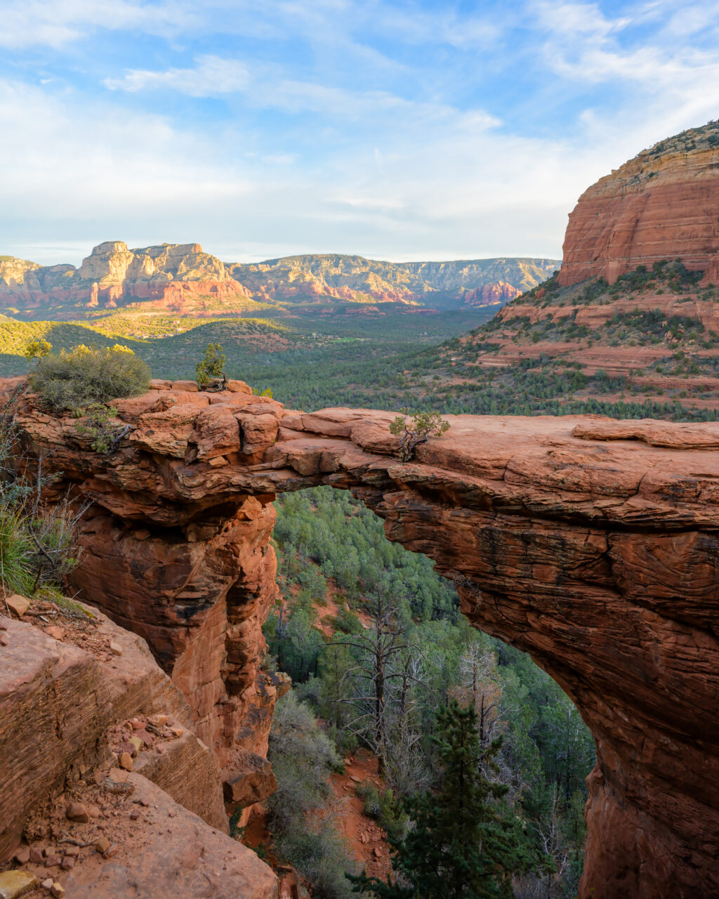 Devil's Bridge sandstone arch spanning the canyon at sunrise.