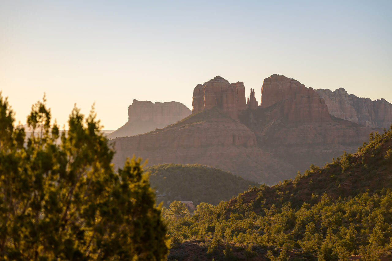 Cathedral Rock in soft hazy morning light from Lover's Knoll, Sedona.