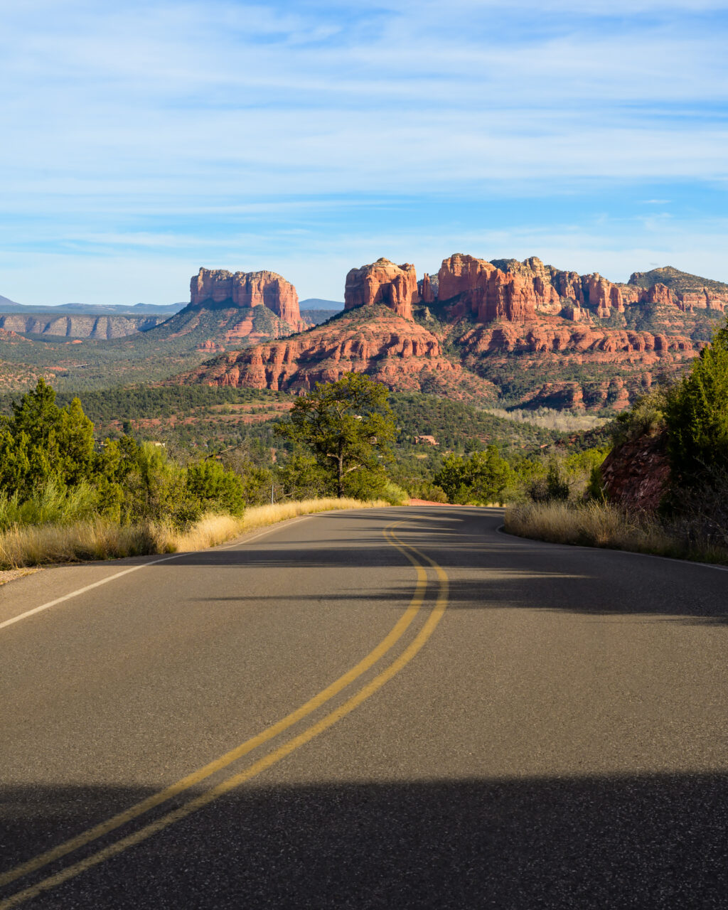 The road leading to Lover’s Knoll, with views of Cathedral Rock and the red rock formations of Sedona, Arizona.