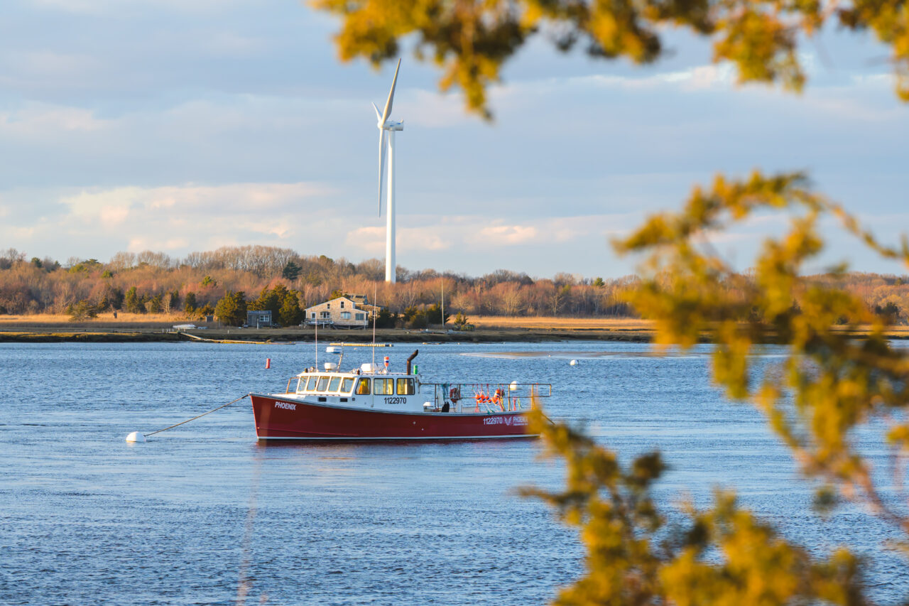 Lobster boat Phoenix moored in the bay at Damon's Point, Marshfield.