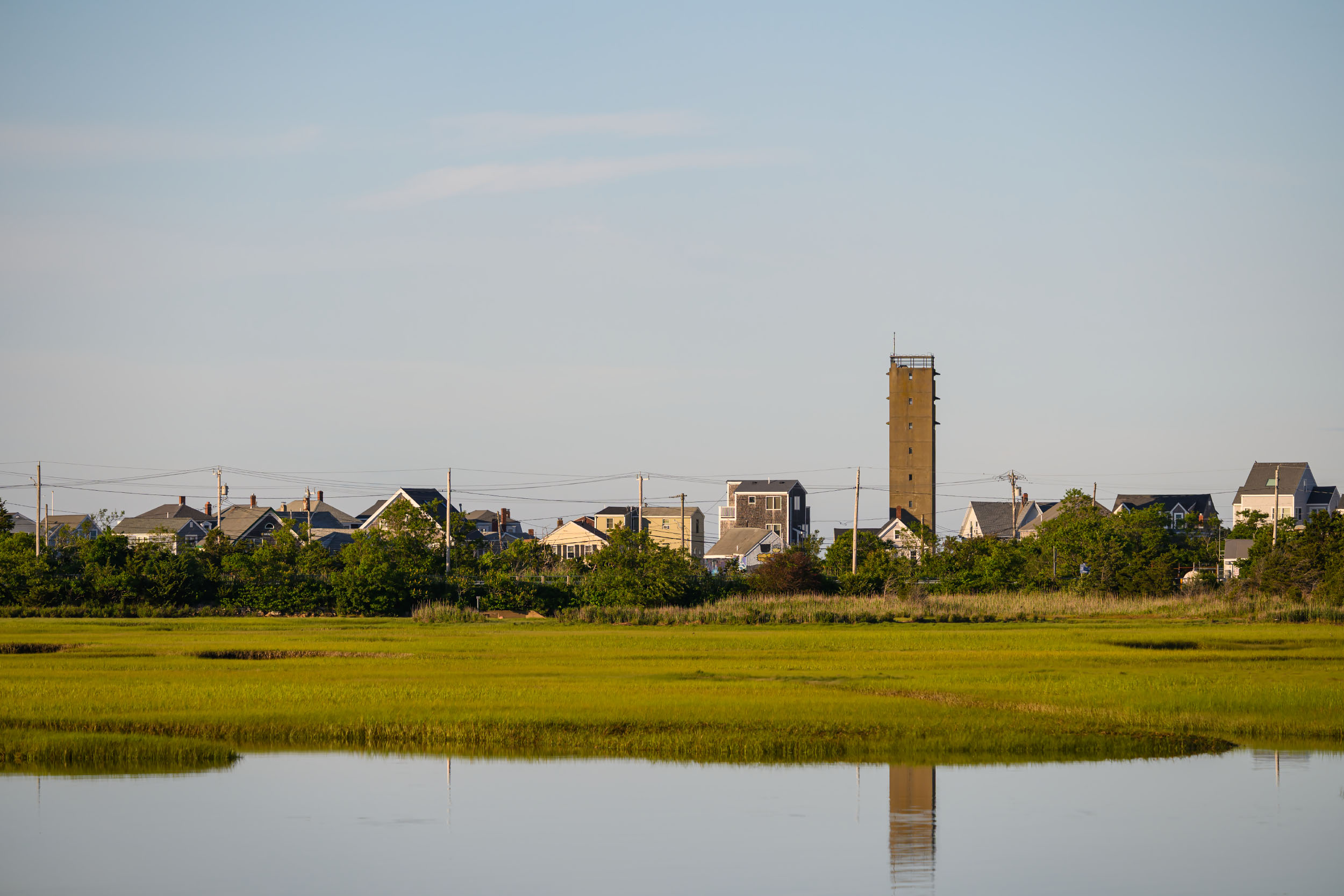 WWII fire control tower at Brant Rock, Marshfield, reflected in a salt marsh.