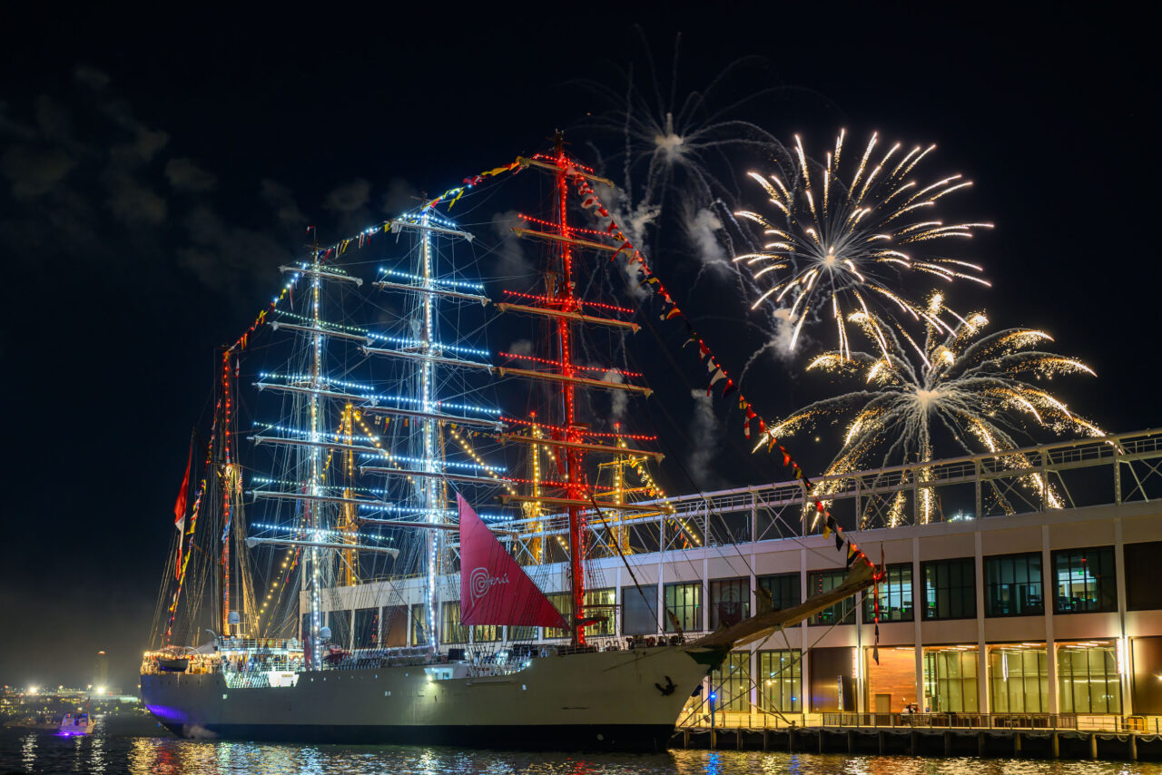 Peruvian Navy tall ship BAP Unión docked in Boston Harbor during Sail Boston 2026.