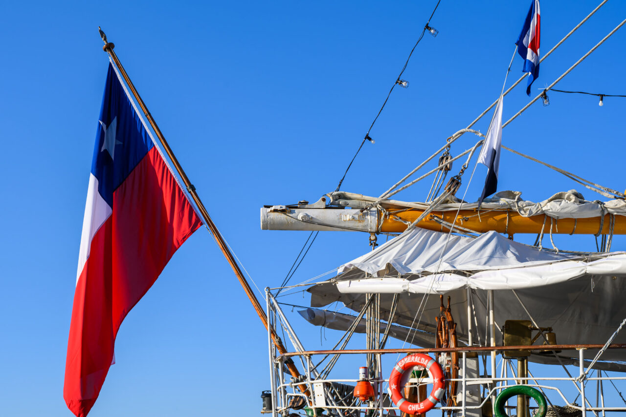 Chilean flag flying aboard Esmeralda training ship during Sail Boston 2026.