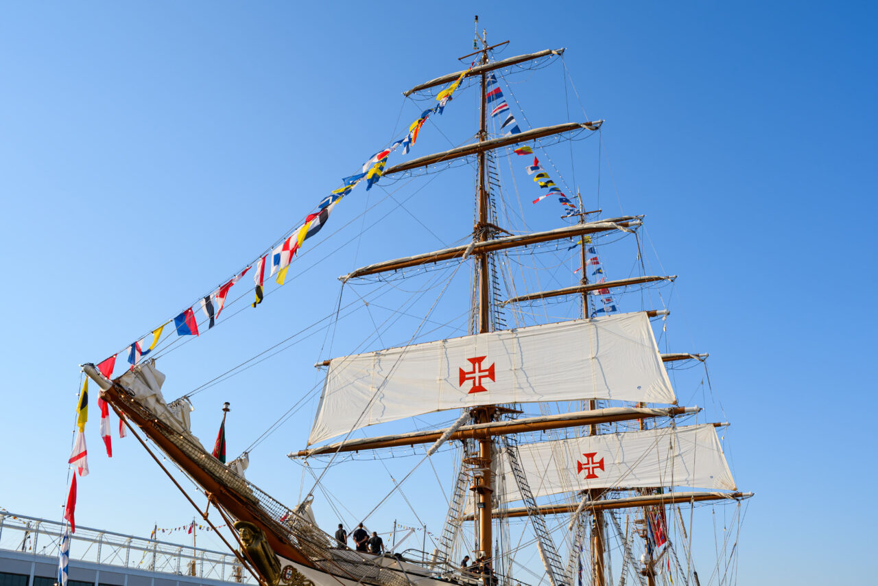 Close-up view of Sagres rigging and masts during Sail Boston 2026.