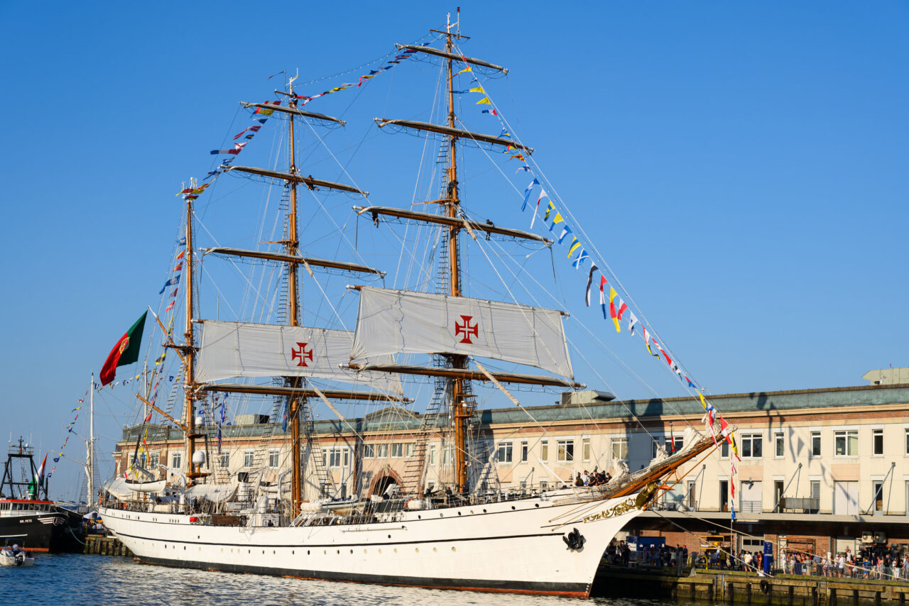 Portugal's Sagres tall ship with sails raised at Boston Harbor.